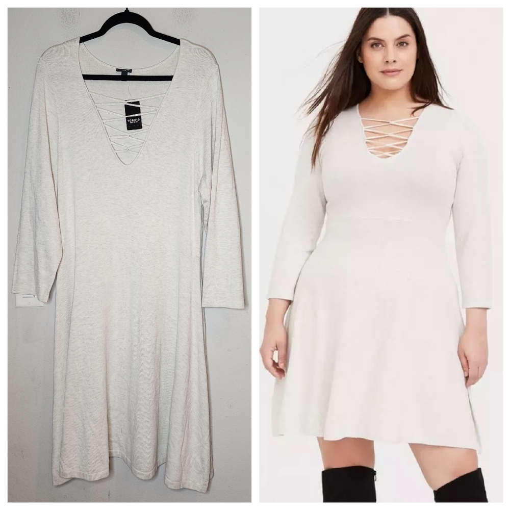 NWT‎ Torrid Mini Sweater Cross Front Skater Dress Beige Greige Oatmeal Size 3X